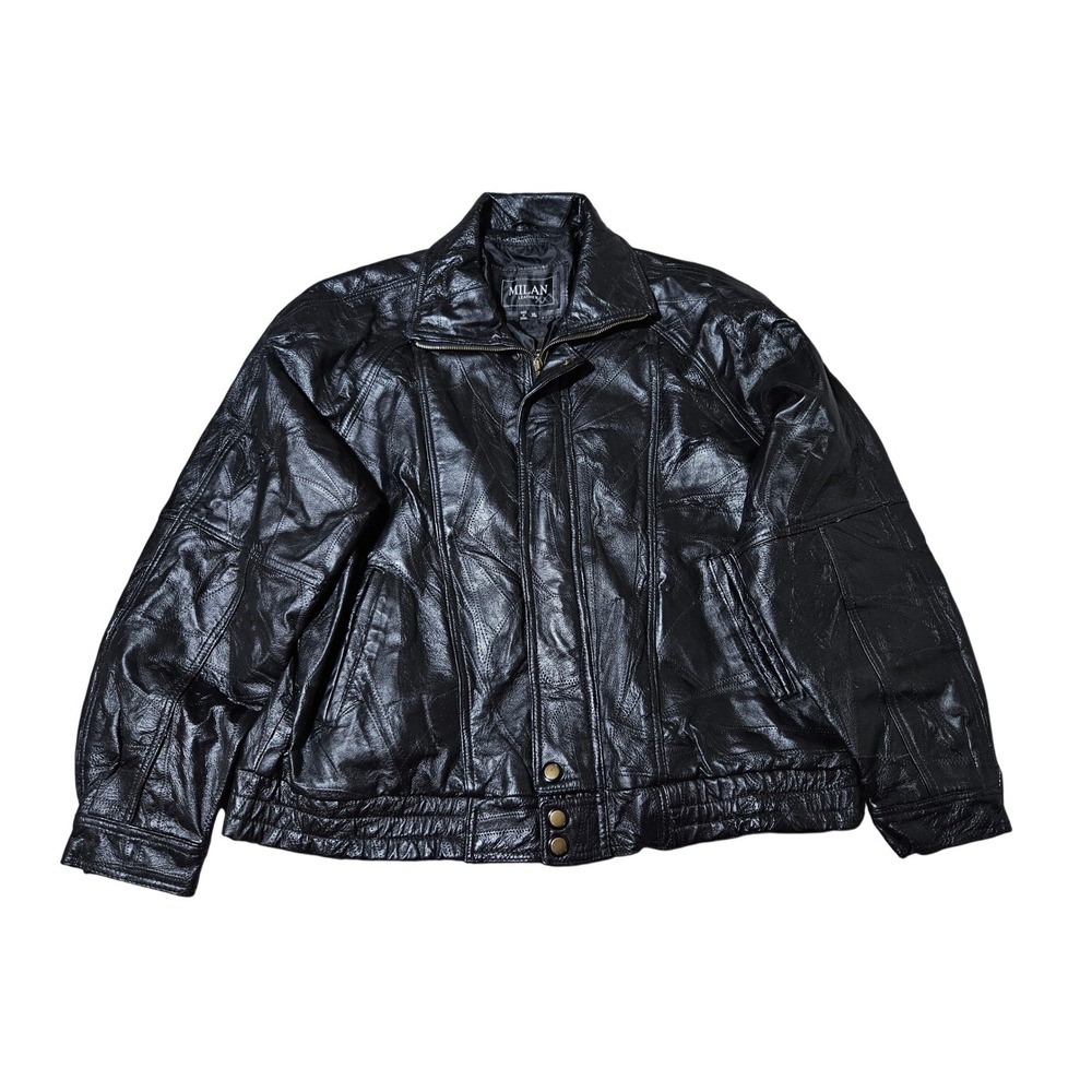 Vintage Milan Leather Mens XL Black Patchwork Leather Bomber Jacket Full Zip